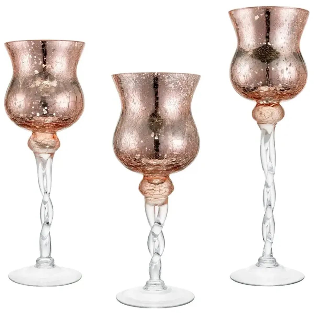Set of 3 Rose Gold Glass Candleholders 12/14/15.5"H