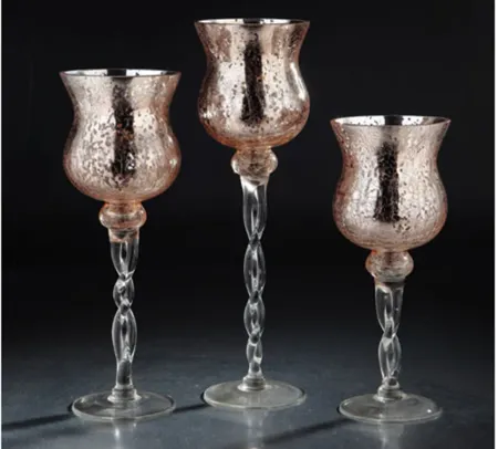 Set of 3 Rose Gold Glass Candleholders 12/14/15.5"H