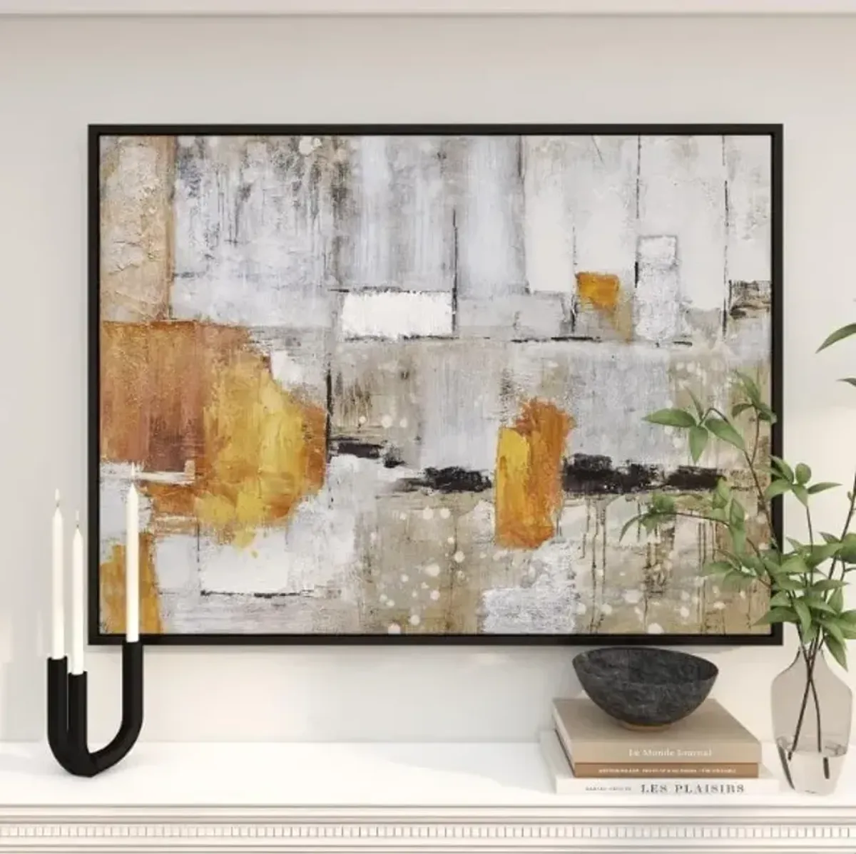 Grey, Caramel, and White Abstract Framed Canvas Art 48"W x 36"H