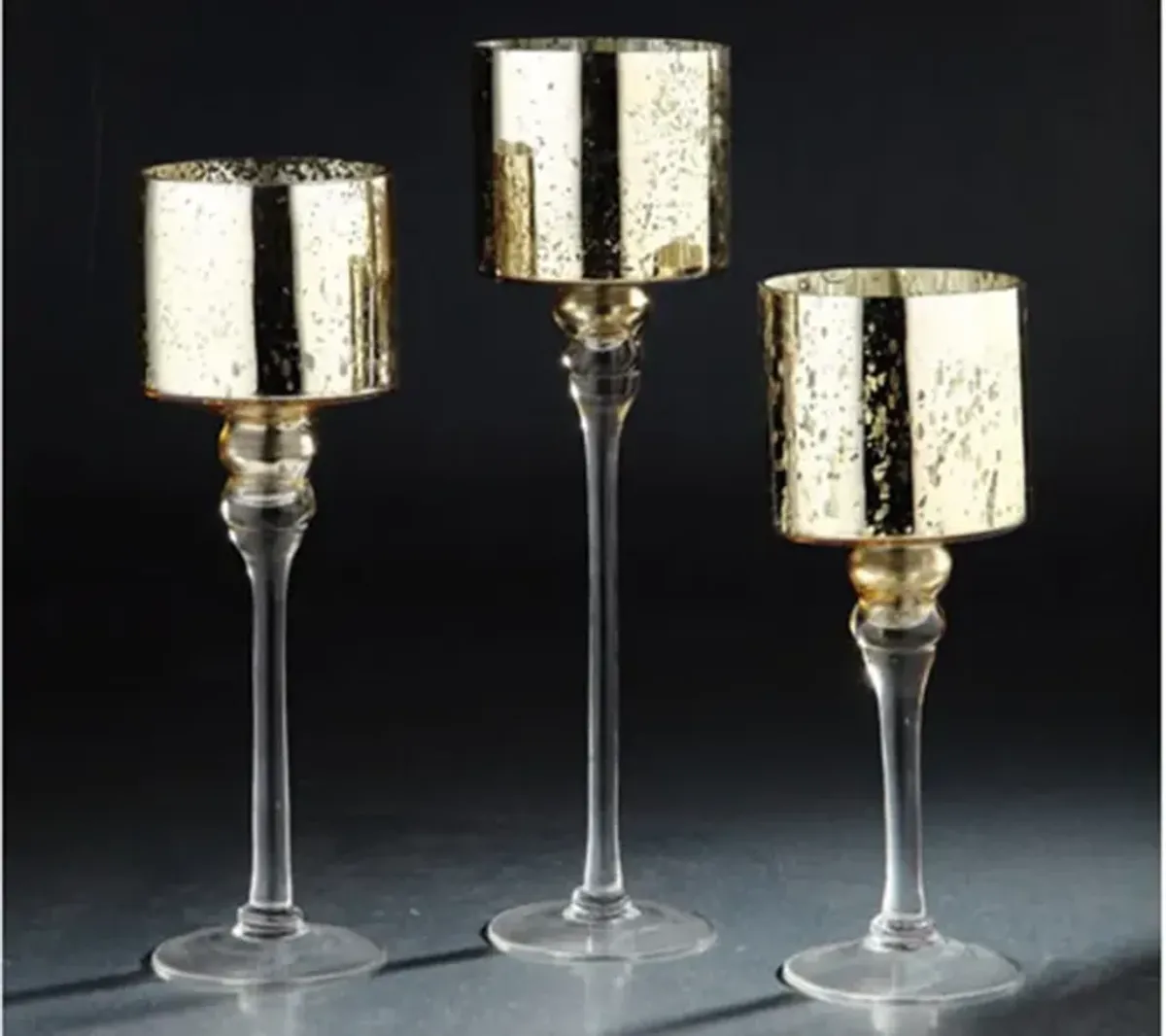 Set of 3 Gold Mercury Glass Candleholders 12/14/15.5"H