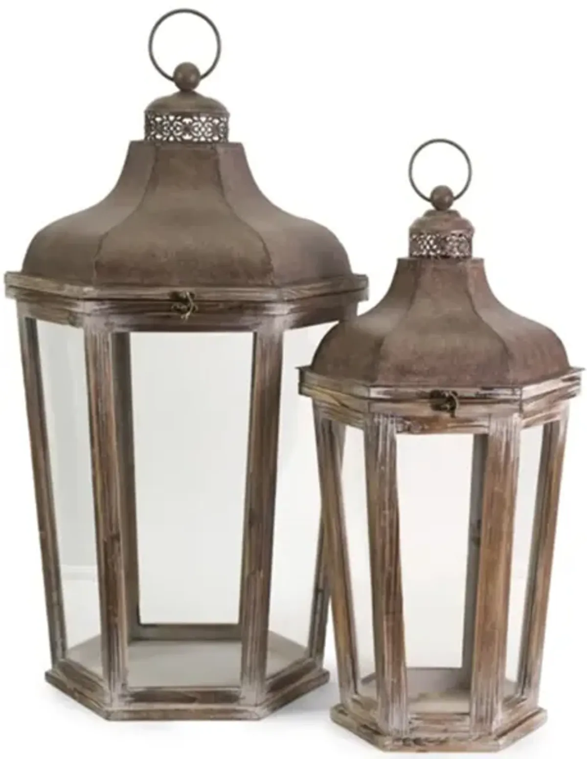 Set of 2 Antique Iron and Glass Lantern 28/32"H