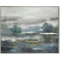 Blue, Green, and Cream Abstract Lake Framed Oil Painting 51"W x 41"H