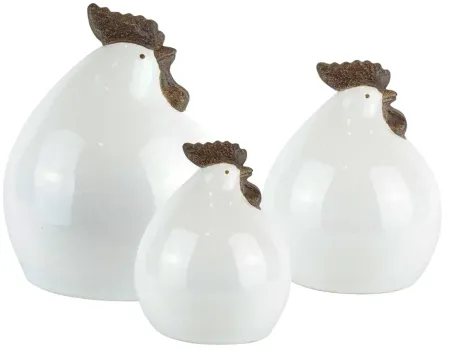 Set of 3 White Ceramic Roosters 8"W x 9"H