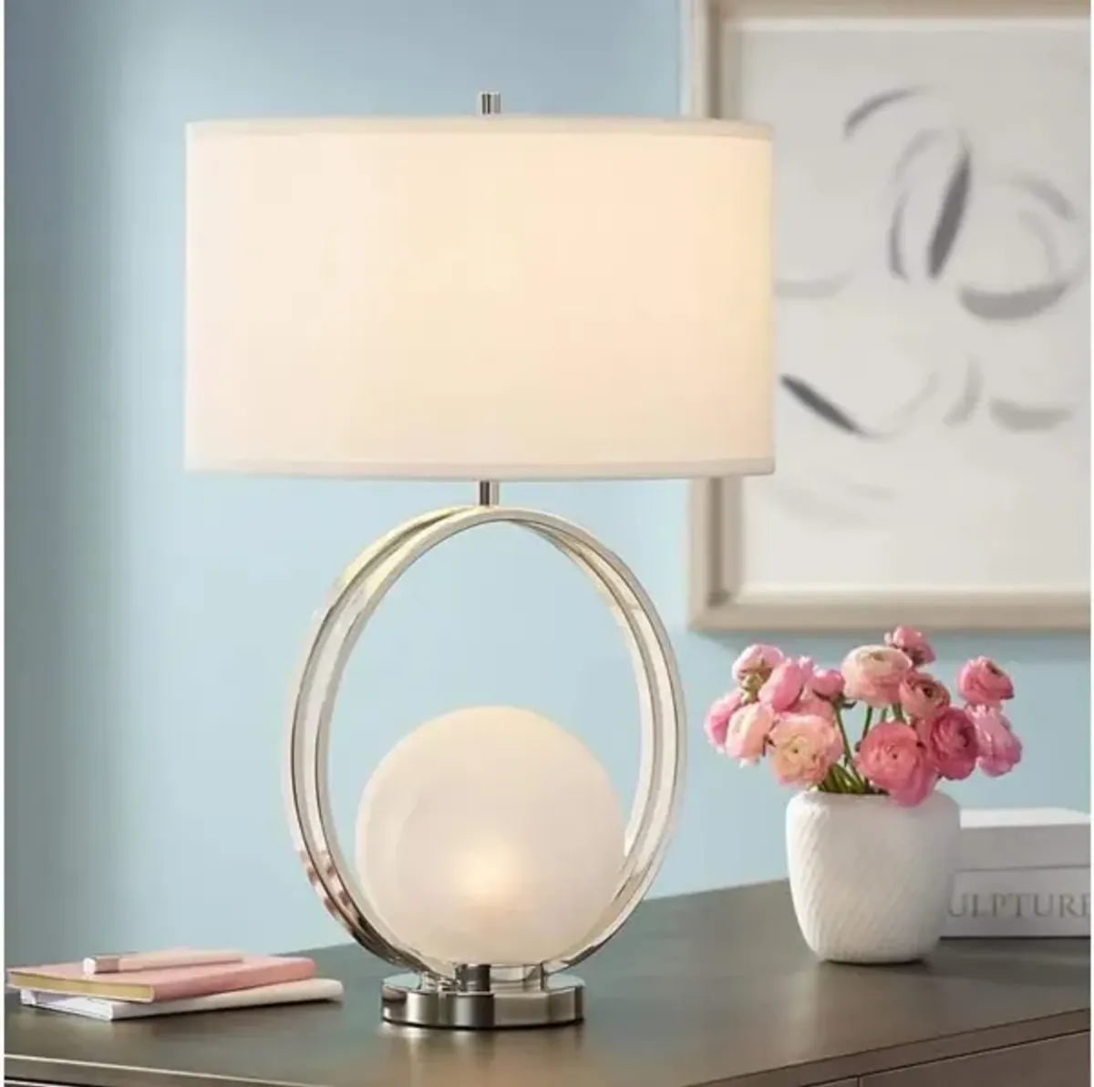 Polished NIckel Circle With Nite Lite Table Lamp 27"H