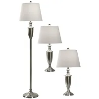 Set of 3 Brushed Steel Lamps -2 Table Lamps plus 1 Floor Lamp 27/60"H
