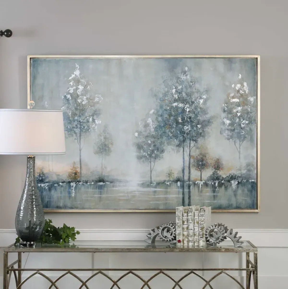 Blue and Silver Trees Handpainted Framed Canvas Art 61"W x 41"H