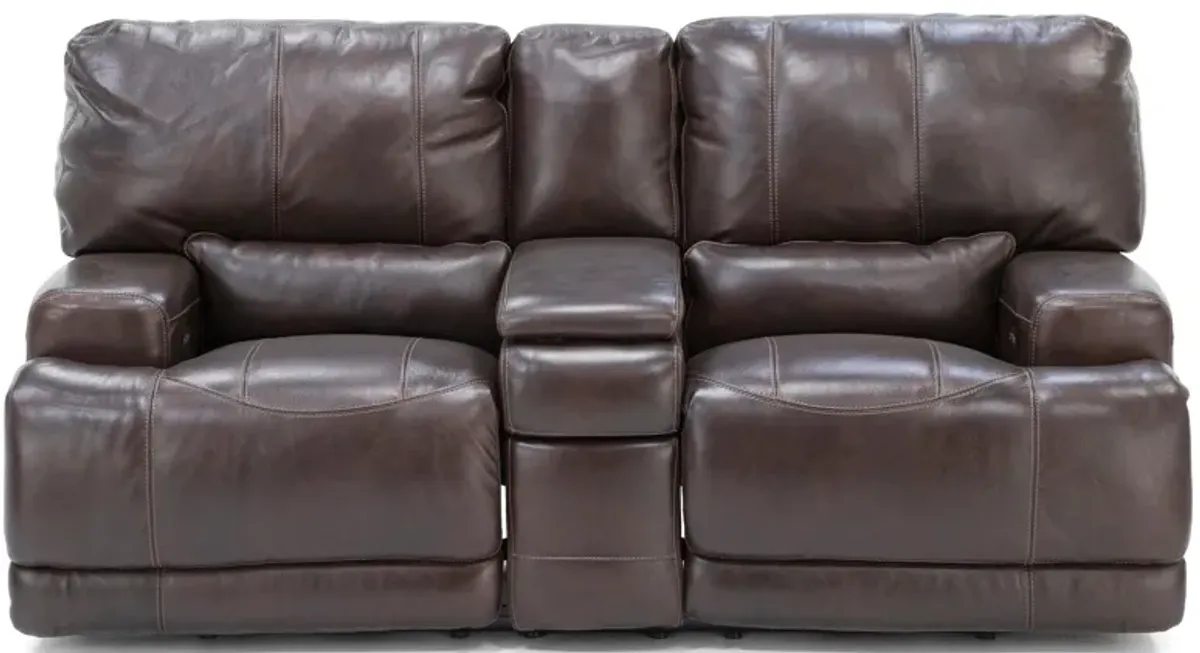 Placier Leather Power Headrest Console Reclining Loveseat in Coffee