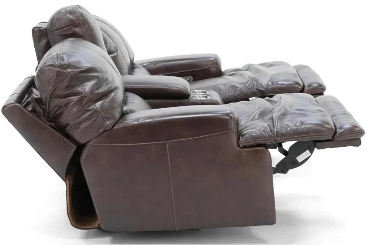 Placier Leather Power Headrest Console Reclining Loveseat in Coffee