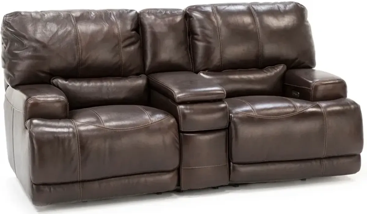 Placier Leather Power Headrest Console Reclining Loveseat in Coffee