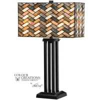 Grey Weave Rectangle Shade Tiffany-Style Glass Table Lamp 28"H