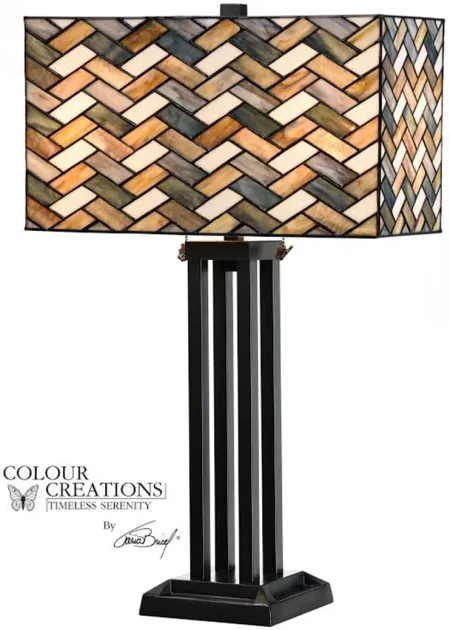 Grey Weave Rectangle Shade Tiffany-Style Glass Table Lamp 28"H