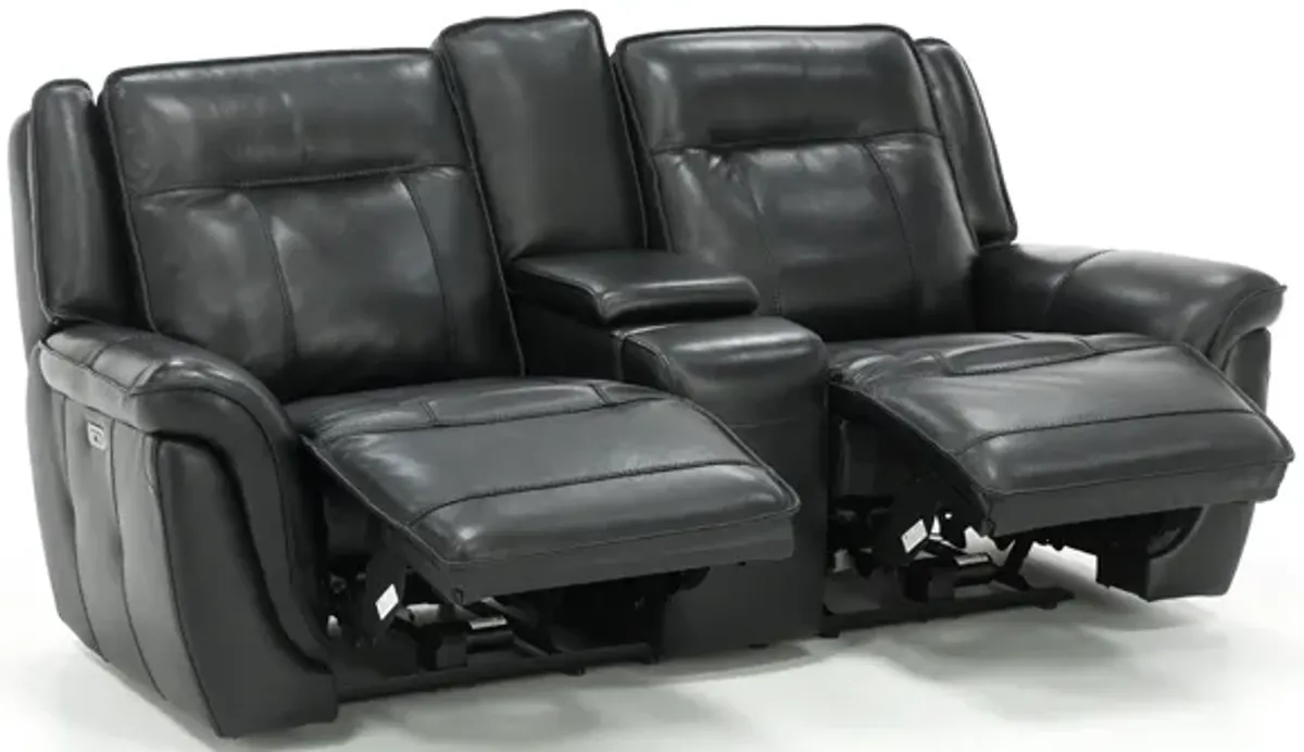 Arthur Leather Power Headrest Reclining Console Loveseat in Black