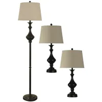 Set of 3 Dark Bronze Lamps -2 Table Lamps plus 1 Floor Lamp- 31/66"H