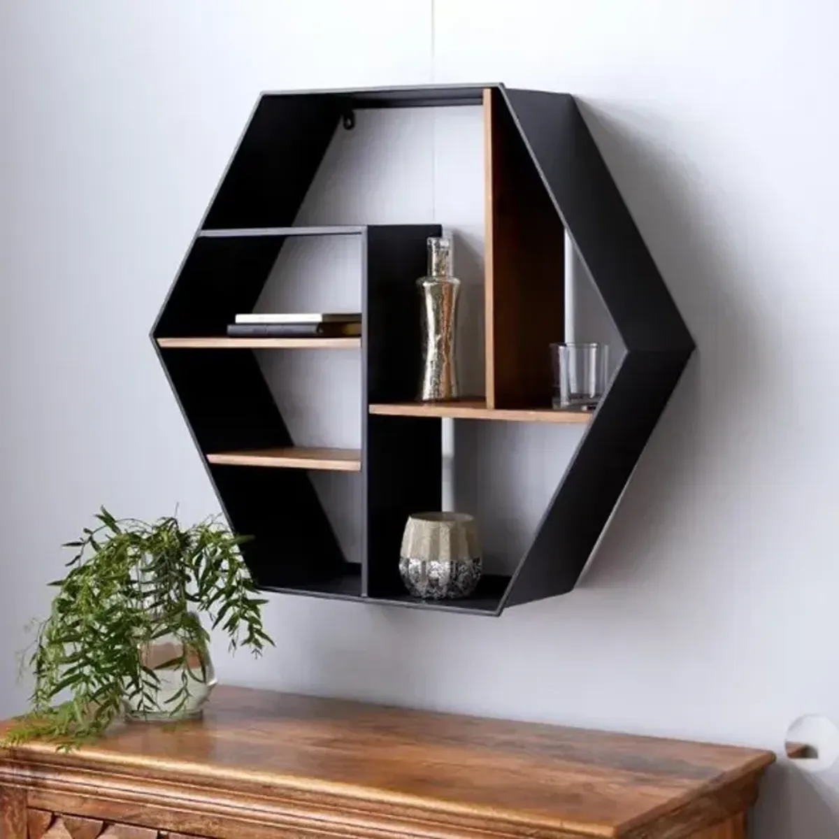 Black and Brown Hexagon Wall Shelf 30"W x 26"H