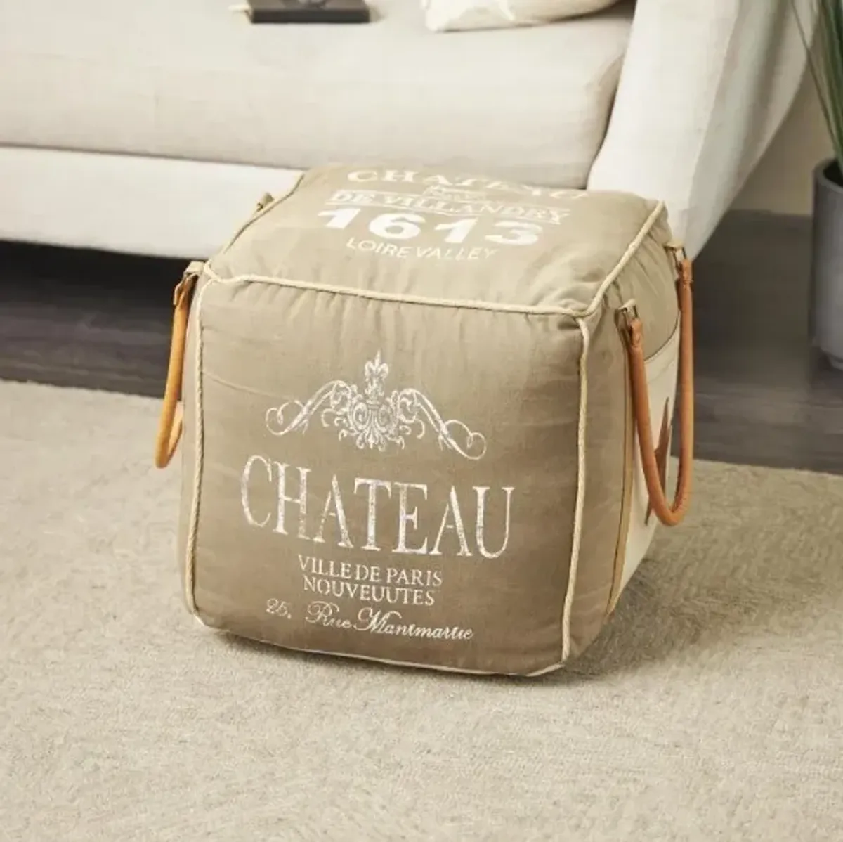 Grey "Chateau" Canvas Pouf 21"W x 17"H