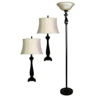 Set of 3 Bronze Lamps - 2 Table Lamps plus 1 Torchiere with Glass Shade 28"/70"H