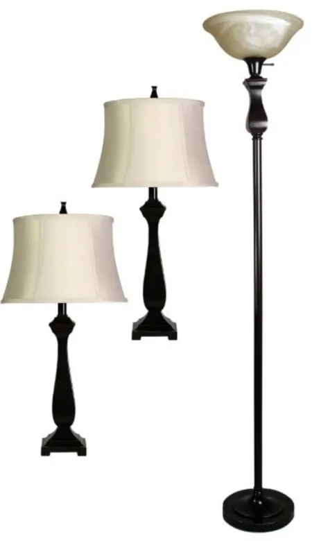 Set of 3 Bronze Lamps - 2 Table Lamps plus 1 Torchiere with Glass Shade 28"/70"H
