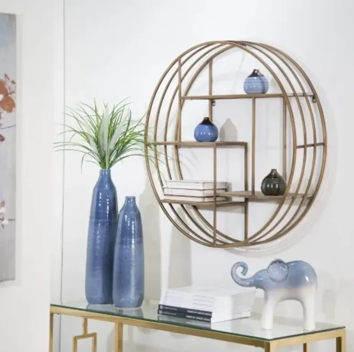 Bronze Metal and Wood Wall Shelf 32" Round