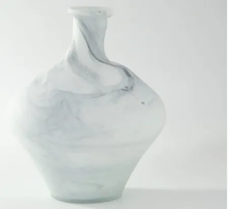 Short White and Grey Glass Marbled Vase 8.5"W x 10"H