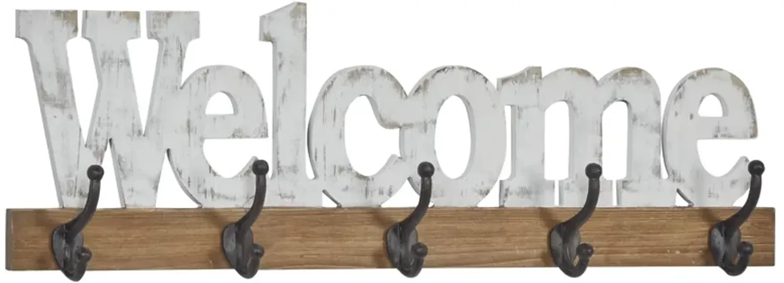 White Wood Welcome Wall Hooks 32"W x 10"H