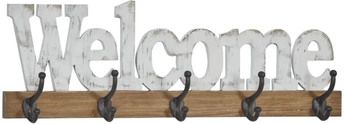 White Wood Welcome Wall Hooks 32"W x 10"H