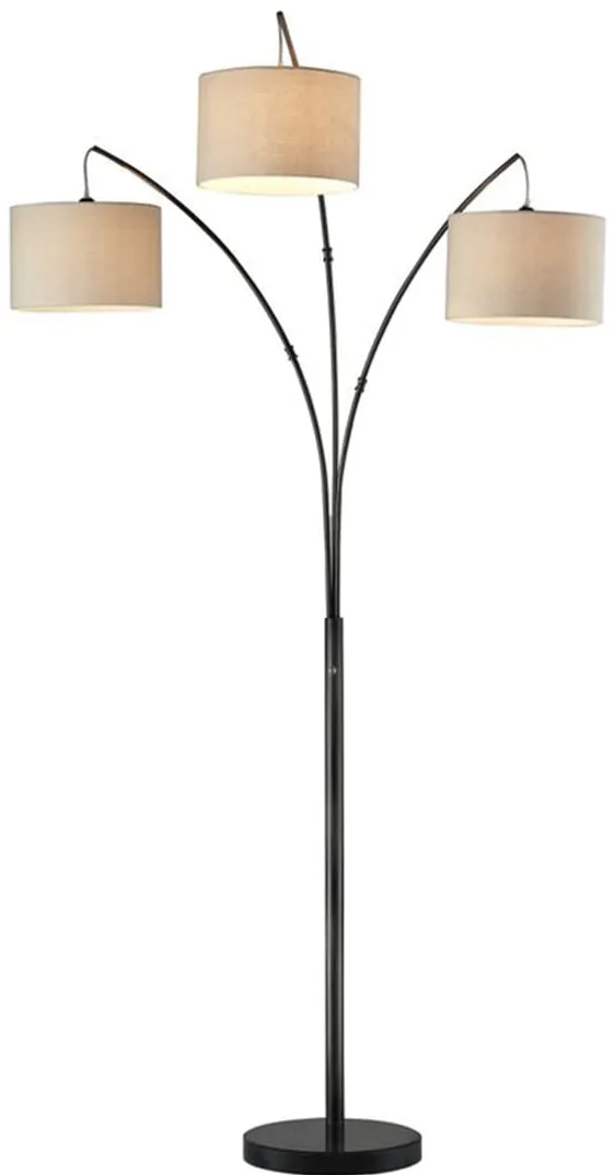 Bronze 3-Light With Drum Shades Floor Arc Lamp 84"H
