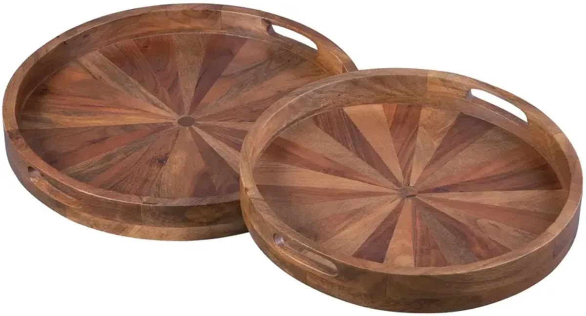 Set of 2 Natural Finish Wood Round Ottoman Trays 20/22"