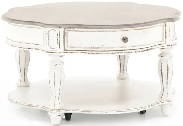 Magnolia Manor Round Cocktail Table In Classic Distressed White