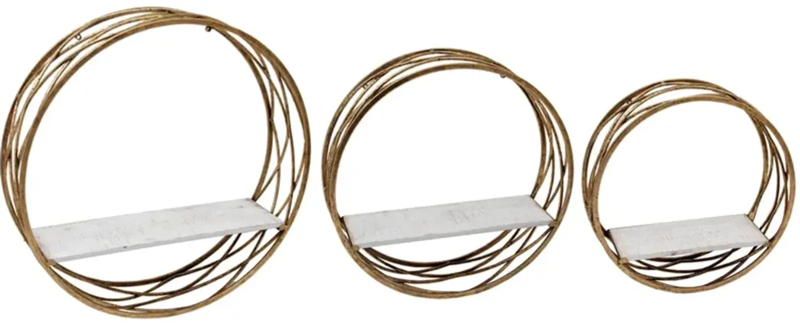 Set of 3 Gold Metal with White Wood Round Wall Shelves 6"W x 24"H