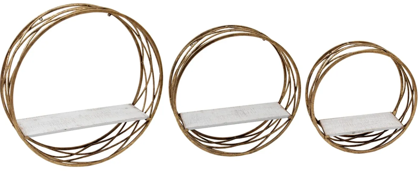 Set of 3 Gold Metal with White Wood Round Wall Shelves 6"W x 24"H