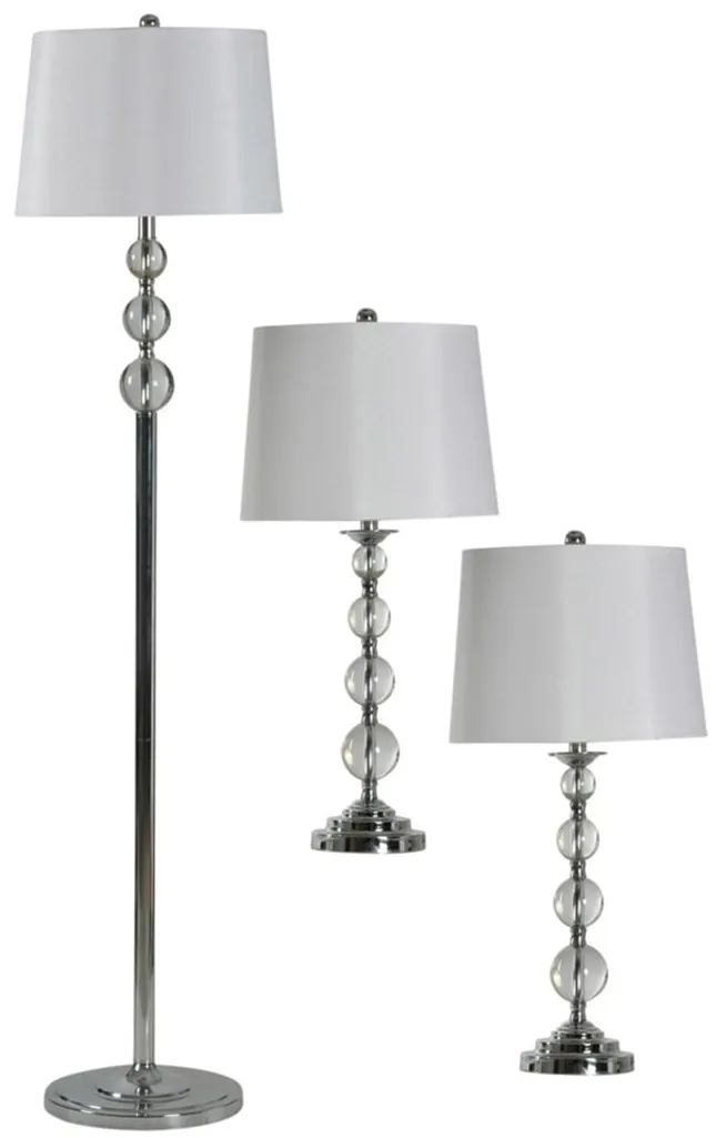 Set of 3 Chrome and Glass Ball Lamps -2 Table Lamps plus 1 Floor Lamp- 29/61"H