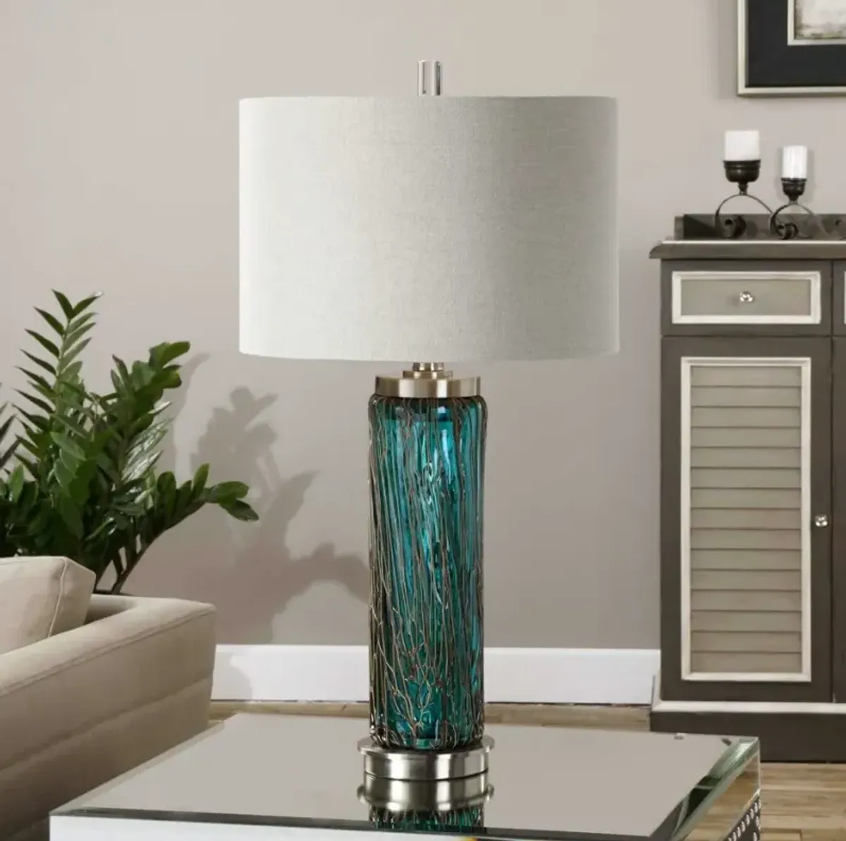 Blue Glass With Metal Accents Table Lamp 30"H