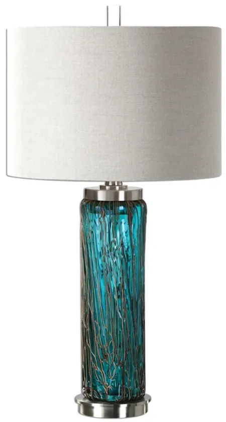 Blue Glass With Metal Accents Table Lamp 30"H