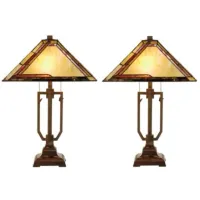 Pair of Amber, Burgandy, and Green Tiffany-Style Glass Table Lamps 25"H