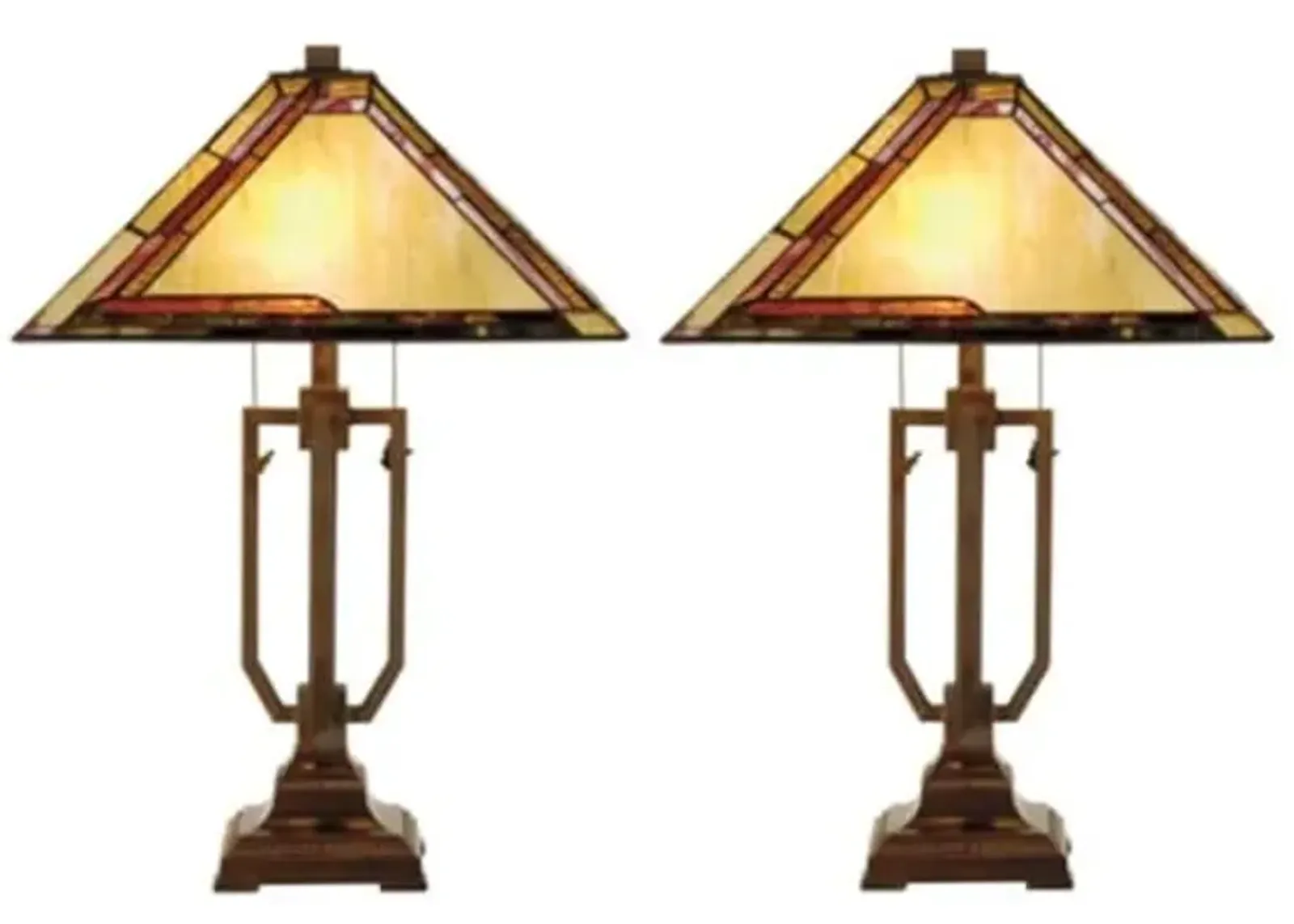 Pair of Amber, Burgandy, and Green Tiffany-Style Glass Table Lamps 25"H