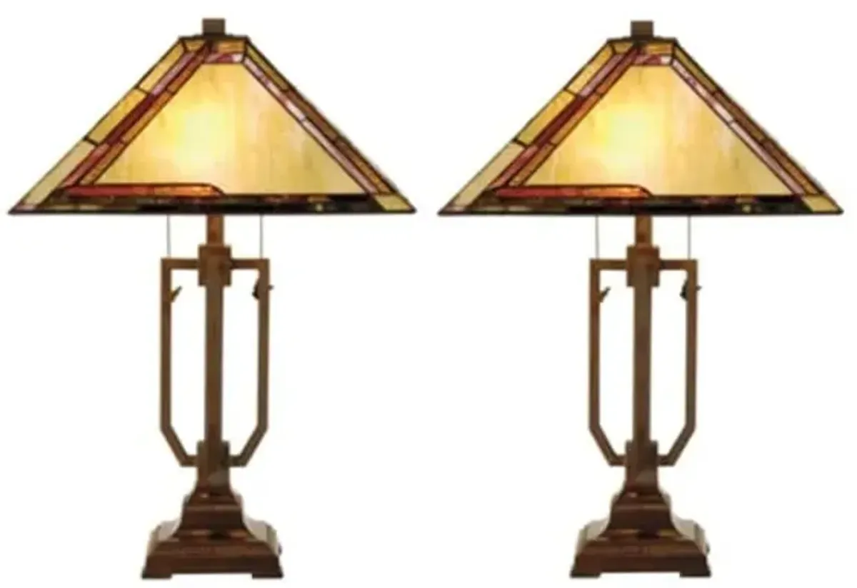 Pair of Amber, Burgandy, and Green Tiffany-Style Glass Table Lamps 25"H