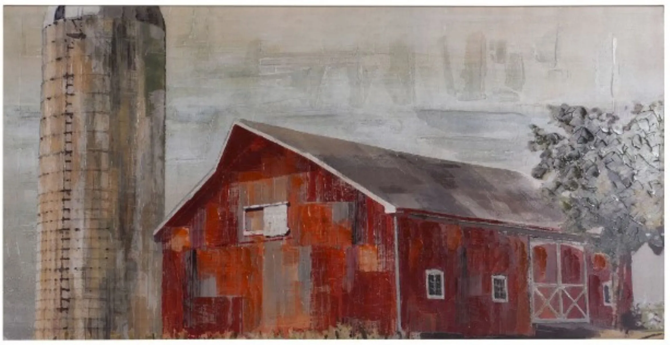 Red Barn With Silo Hand Embellished Canvas Art 72"W x 36"H