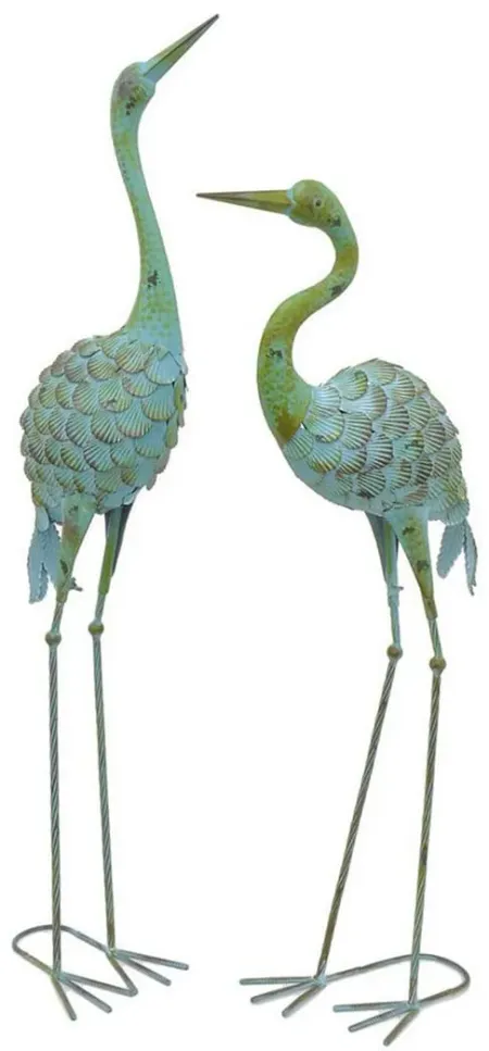 Set of 2 Blue and Green Metal Crane Figurines 15"W x 37"H