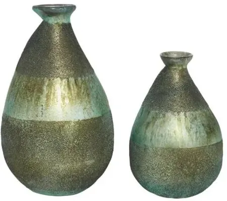 Set of 2 Multi Color Green Glass Vases 9/12"H