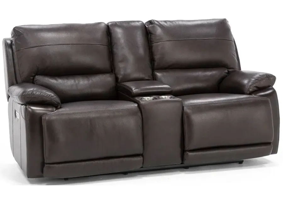 Brady Leather Power Headrest Reclining Console Loveseat in Chocolate