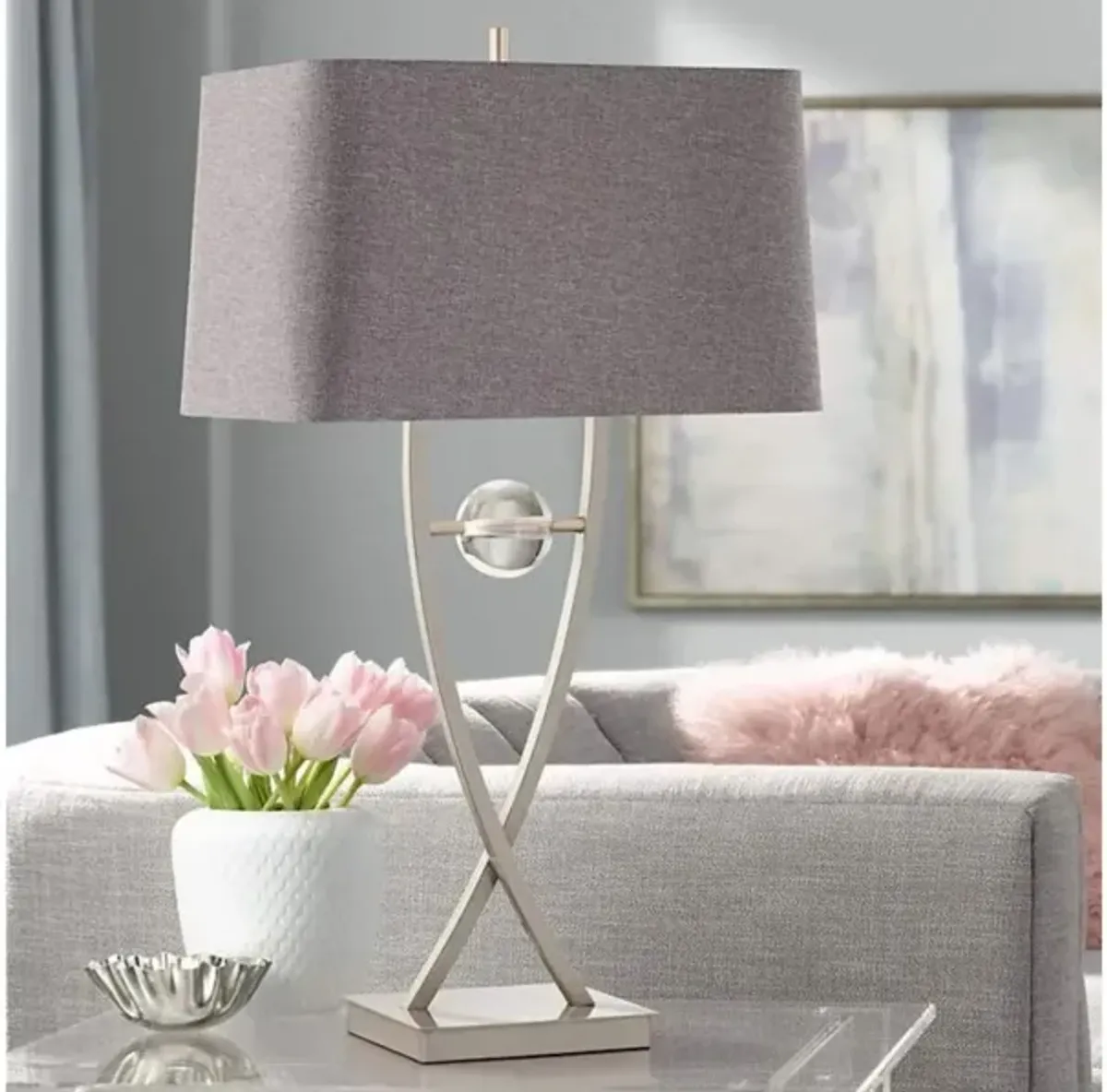 Wishbone Brushed Nickel With Grey Shade Table Lamp 32"H