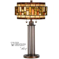 Brown Tones Drum Shade Tiffany-Style Glass Table Lamp 30"H