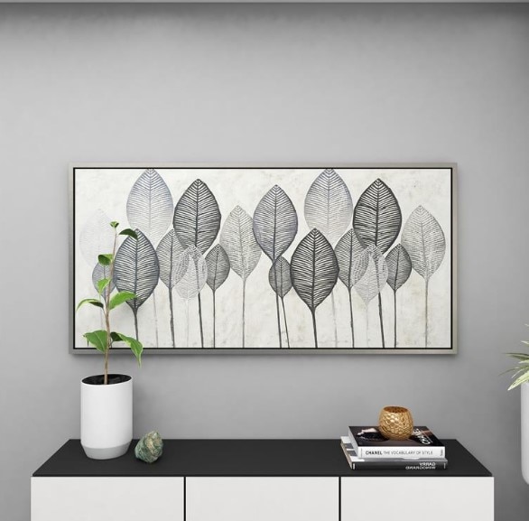 Black, White, and Grey Leaves Framed Canvas Art 55"W x 27"H
