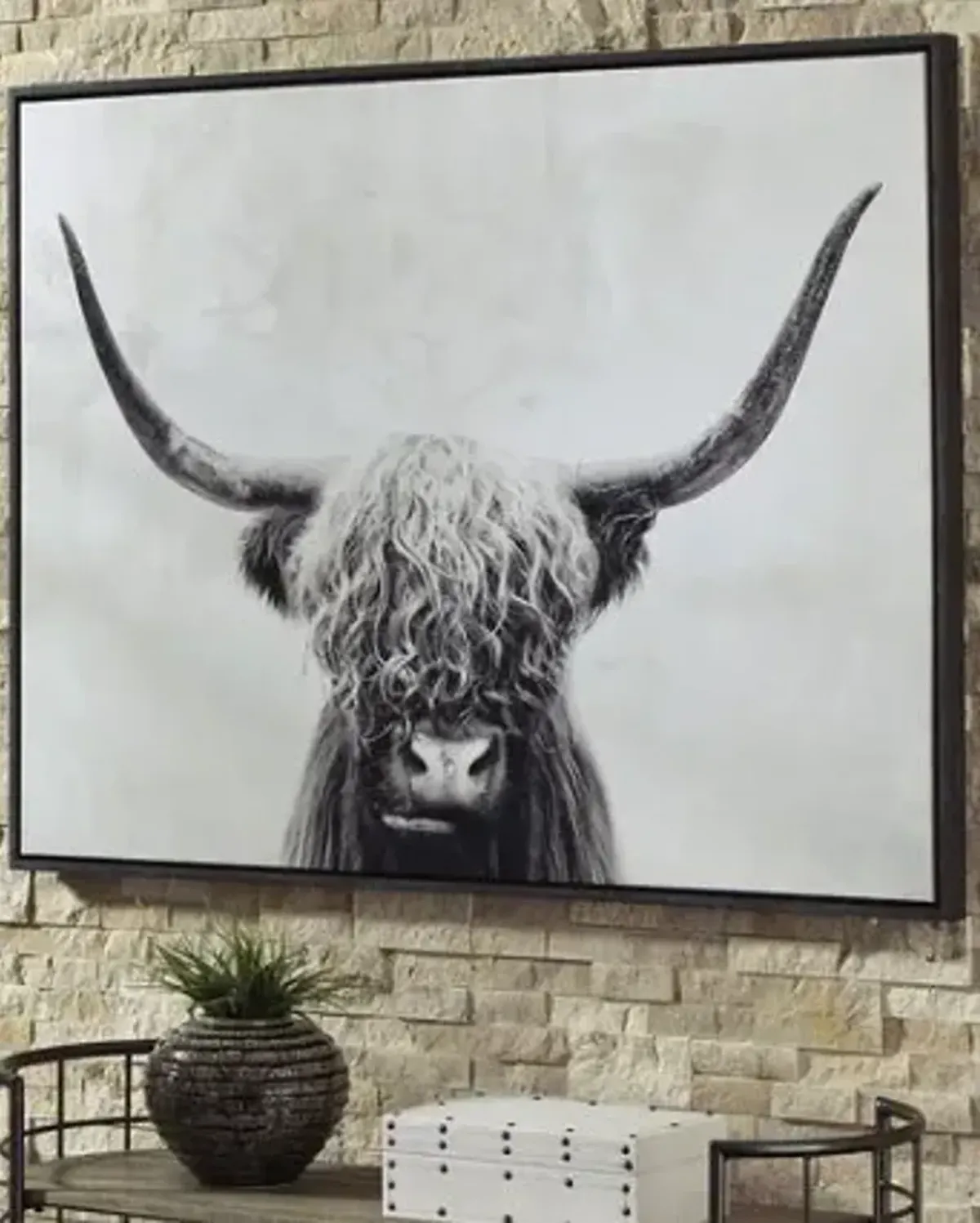 Black and White Highland Cow Framed Canvas Art 48"W x 36"H