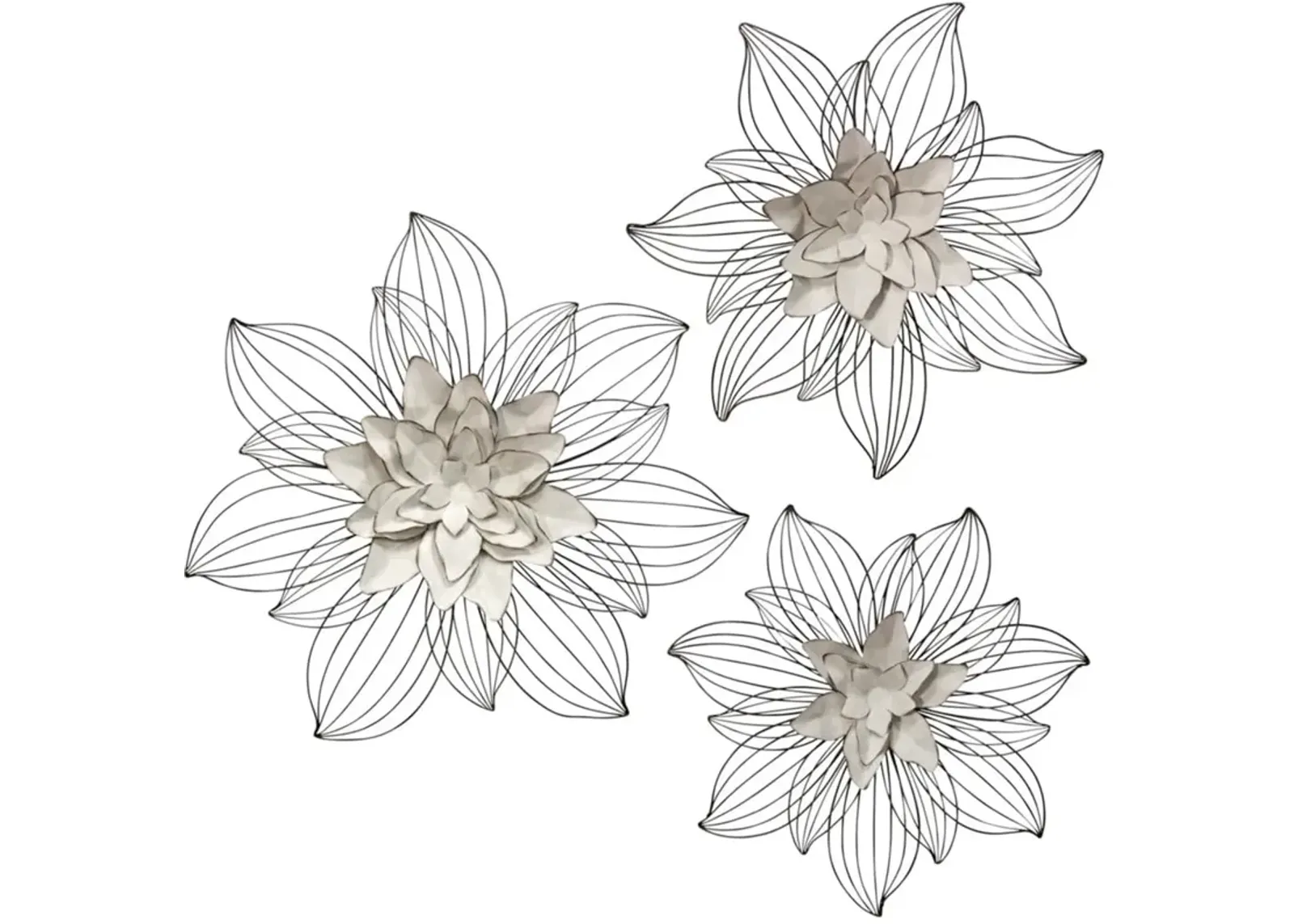 Set of 3 Cream Metal Flowers Wall Décor 20/24/27"