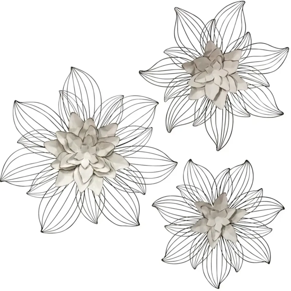 Set of 3 Cream Metal Flowers Wall Décor 20/24/27"