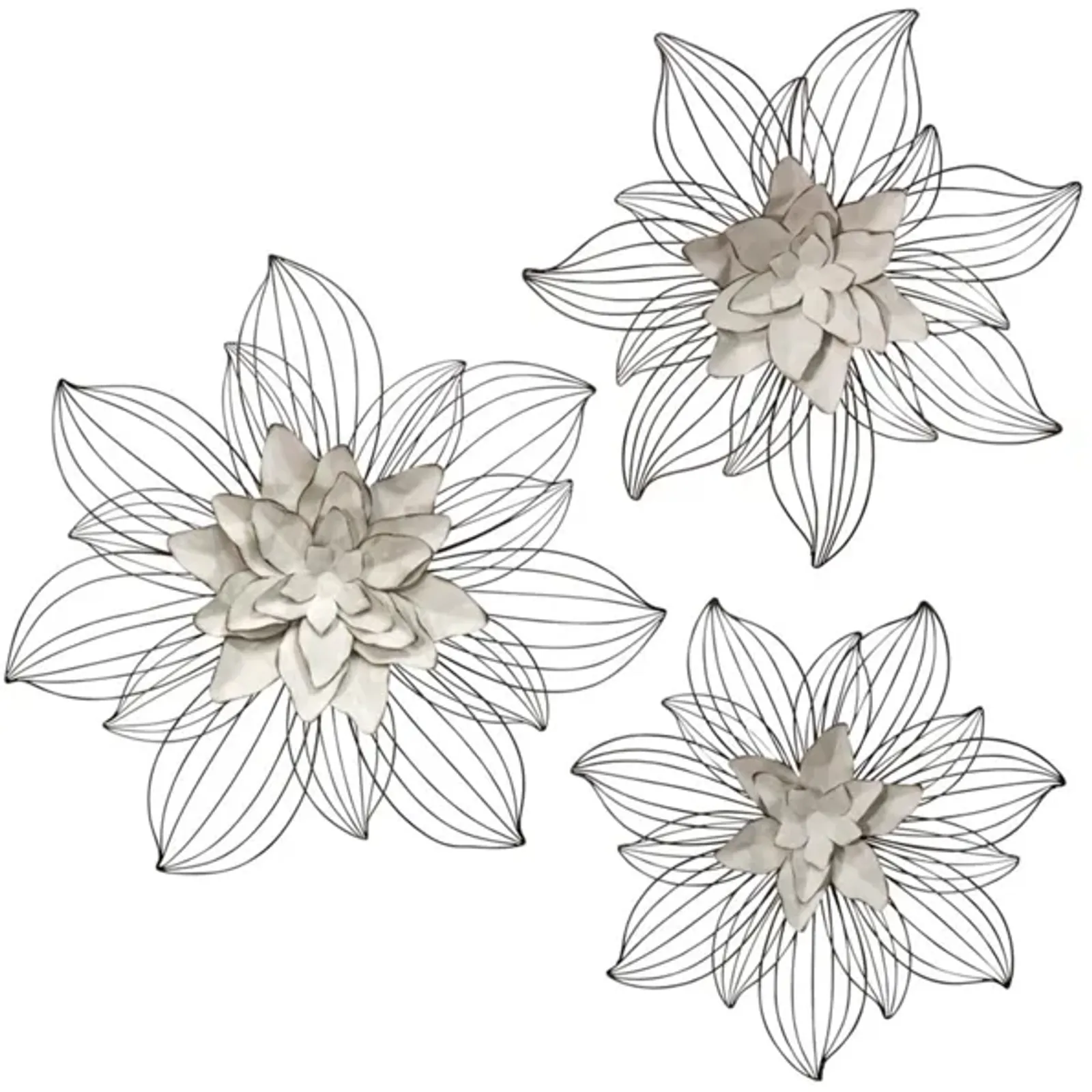 Set of 3 Cream Metal Flowers Wall Décor 20/24/27"