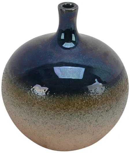 Blue and Tan Ceramic Vase 5"W x 6.5"H