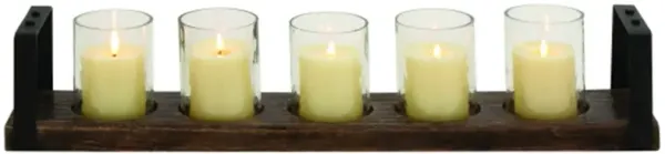Five Glass Candleholders In Wood Tray 28"W x 5"H
