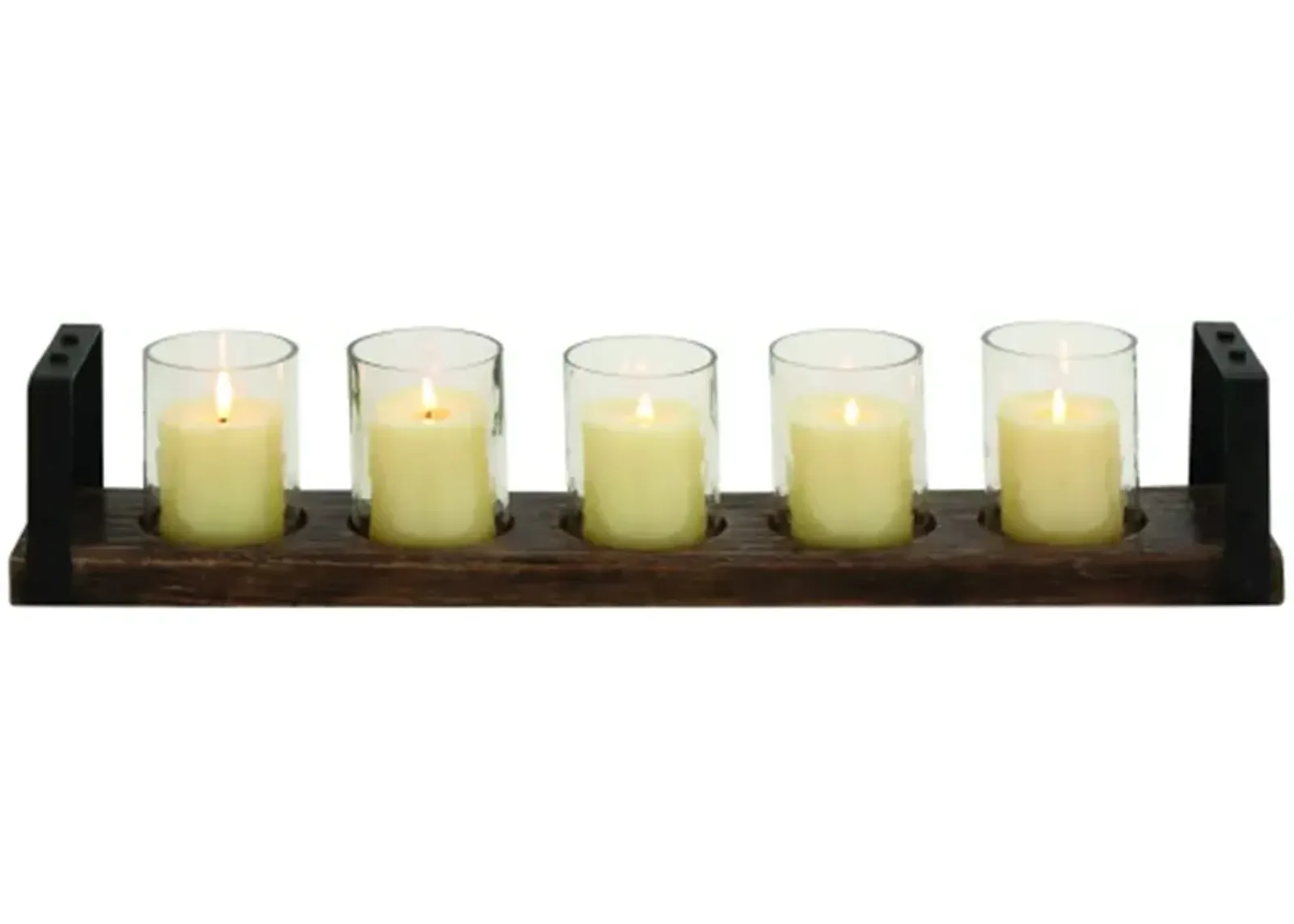 Five Glass Candleholders In Wood Tray 28"W x 5"H